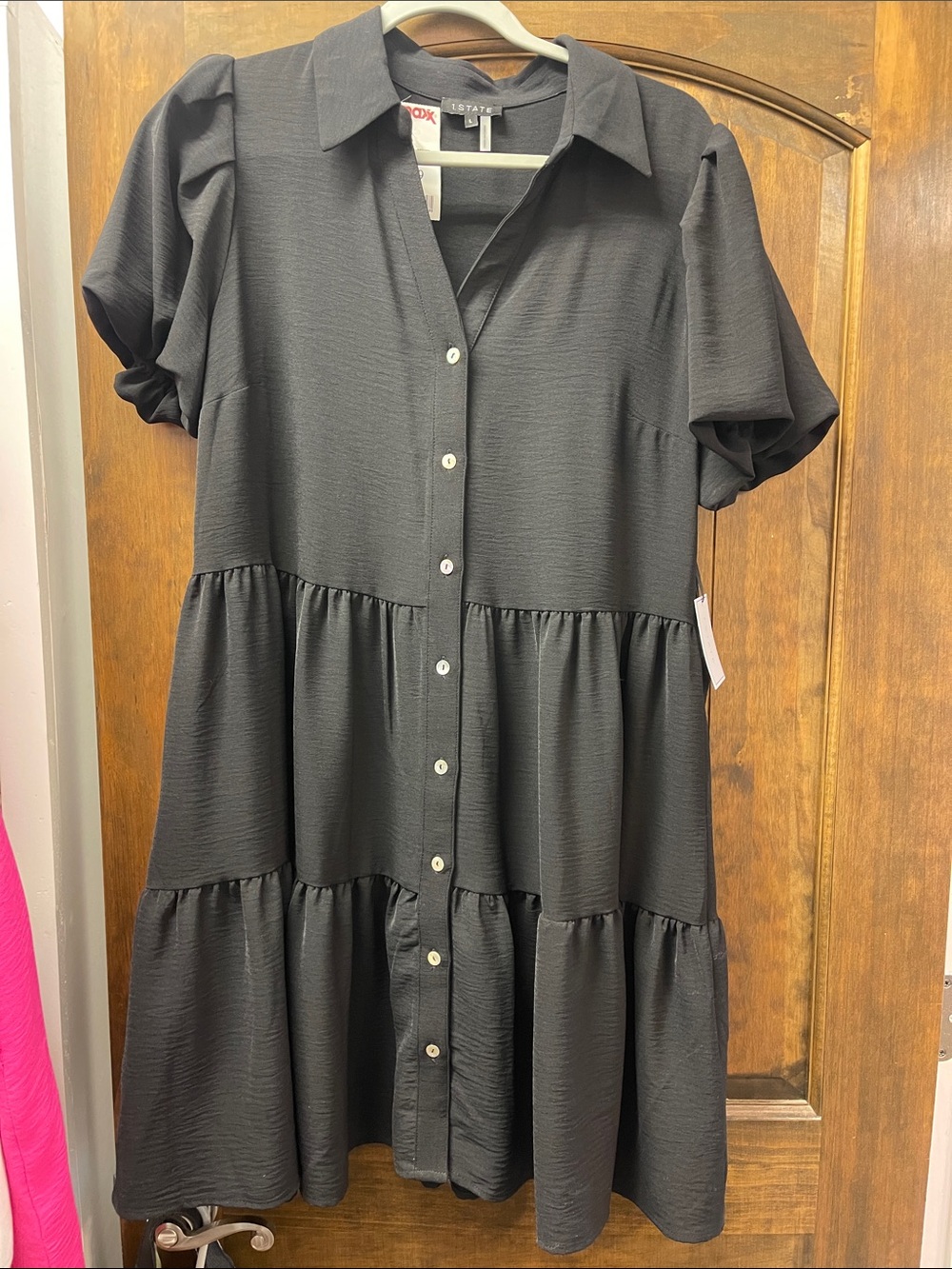 STATE Black Button-Front Tiered Midi Dress